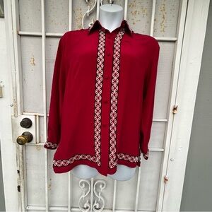Diane Von Furstenberg M red Blouse long sleeves button up Embroidered Details